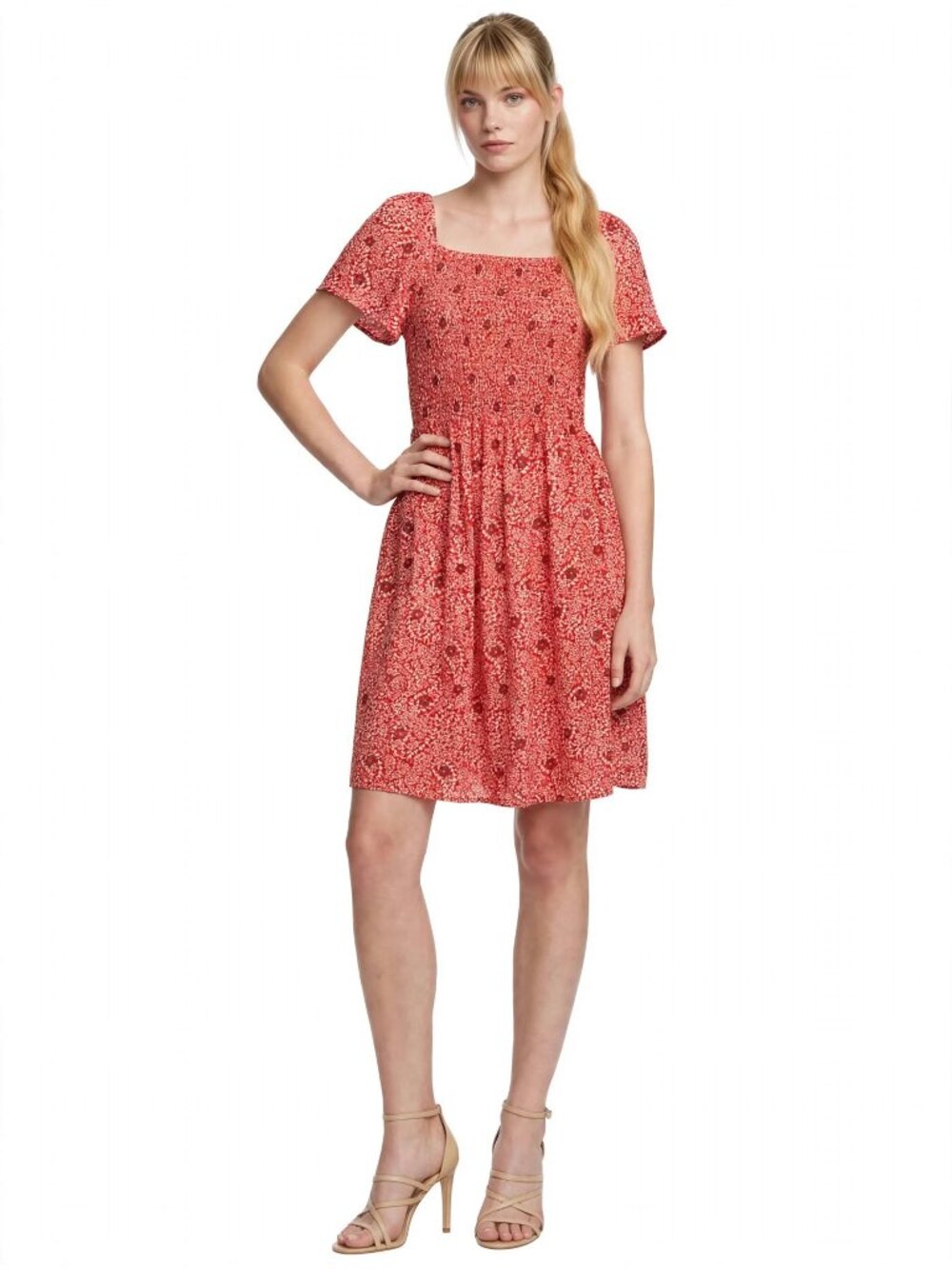 Talbots Shirred Smocked Bodice Dress Flounce Sleeve on or off shoulder